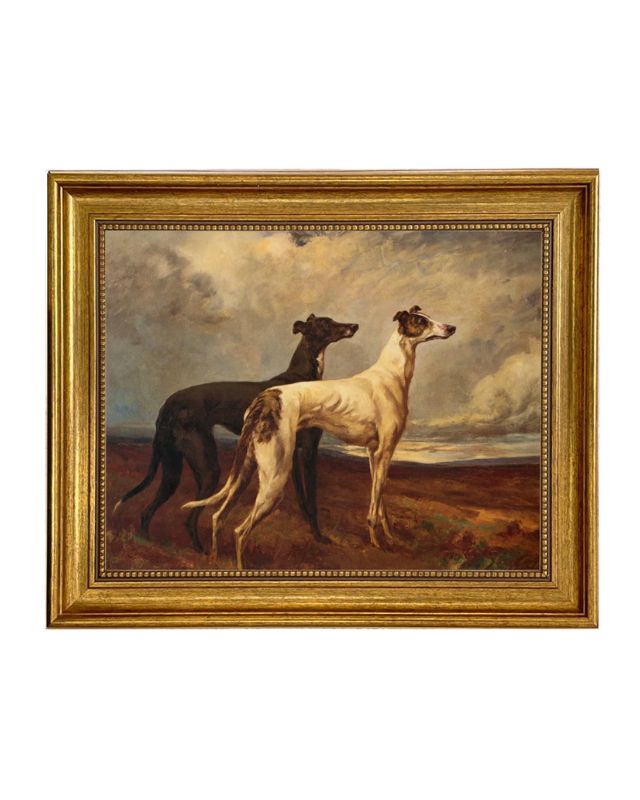 Greyhounds in field oil painting print on canvas in antiqued gold frame