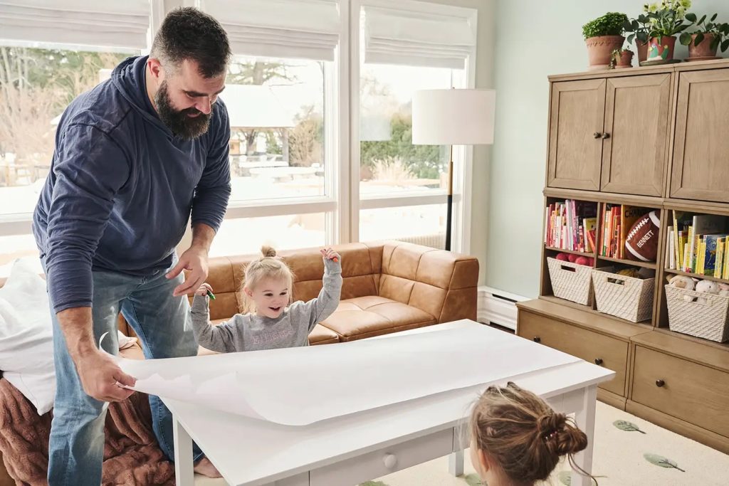 Jason and kylie kelce kids playroom craft table paper