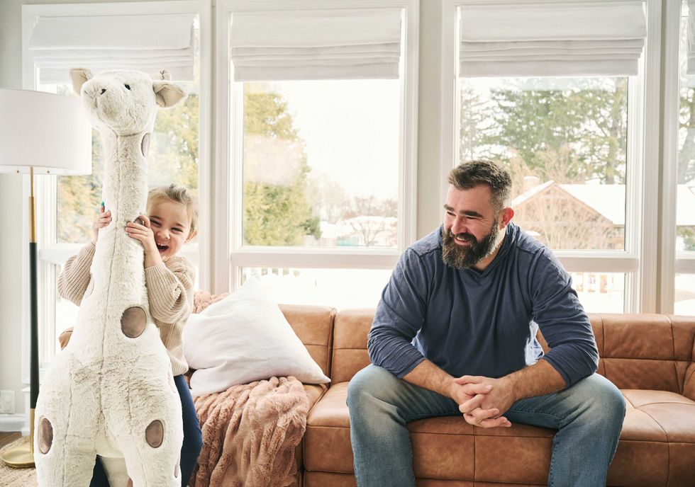 Jason and kylie kelce kids playroom leather couch