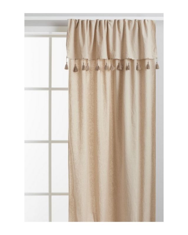 Beige tasseled curtains emma roberts home living room get the look