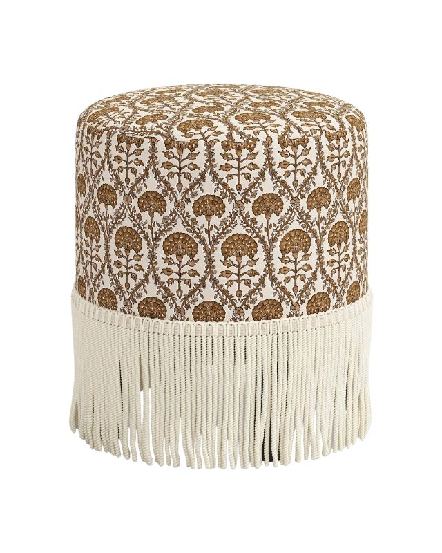 Block print alair round fringe ottoman emma roberts home living room get the look