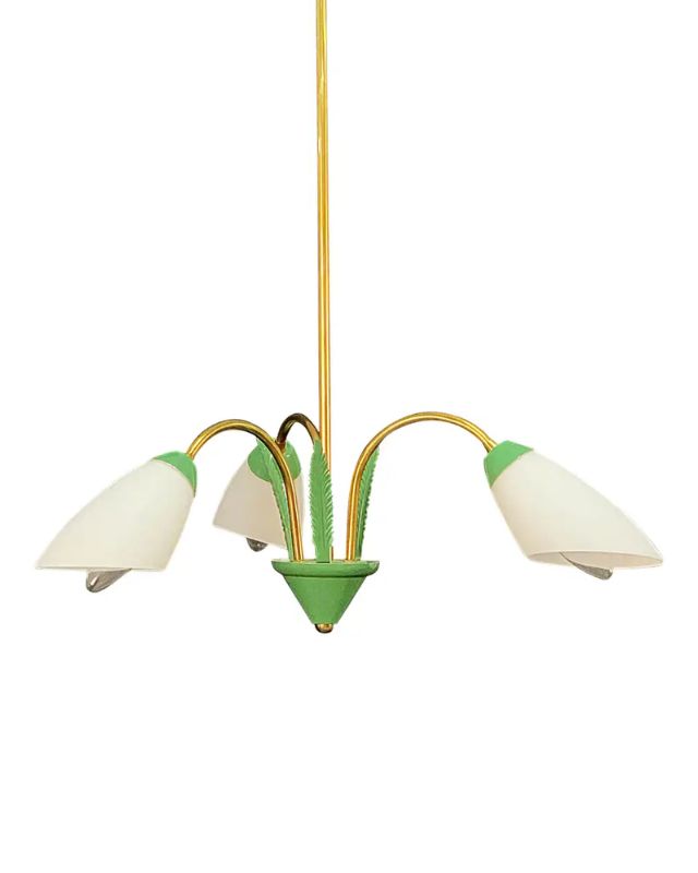 Stilnovo green enamel brass and opal glass italian chandelier, 1950s