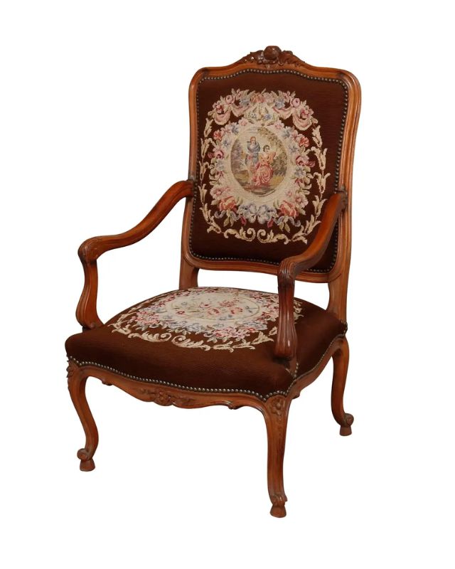 Brown french needlepoint armchair emma roberts home bathroom recreate the look