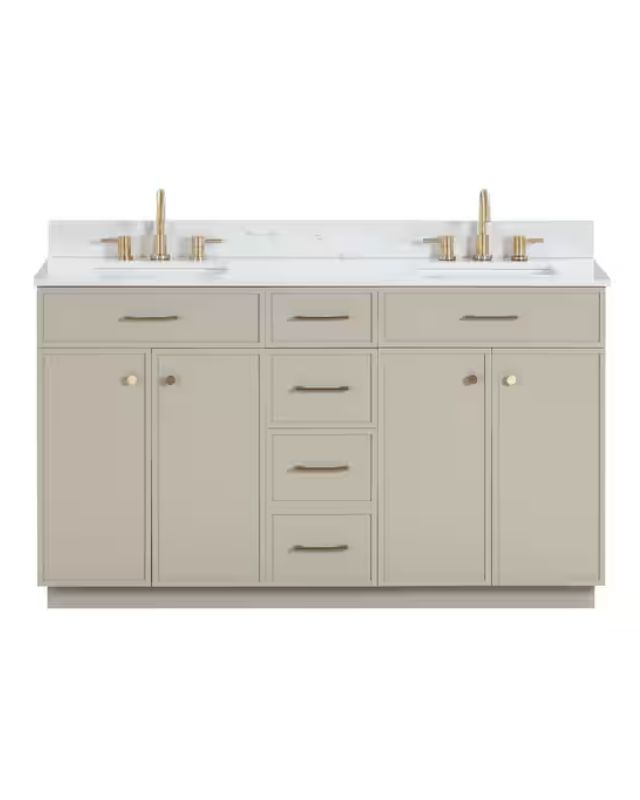Greige double sink bath vanity emma roberts home bathroom recreate the look