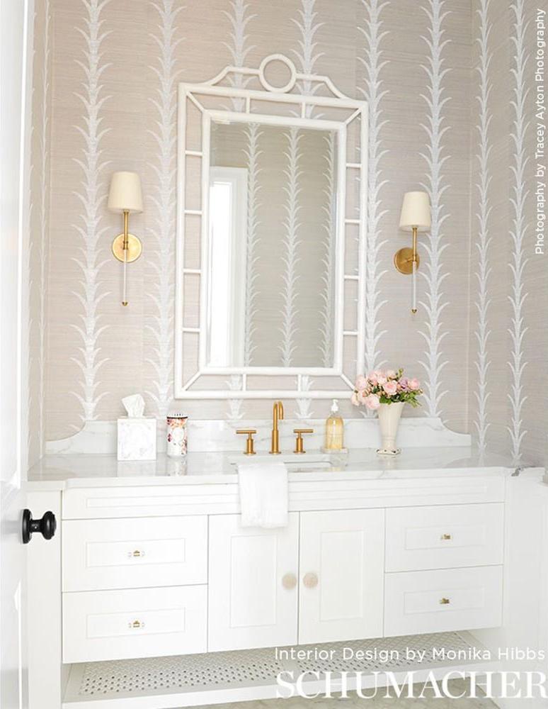 Schumacher acanthus stripe wallpaper inspo vanity