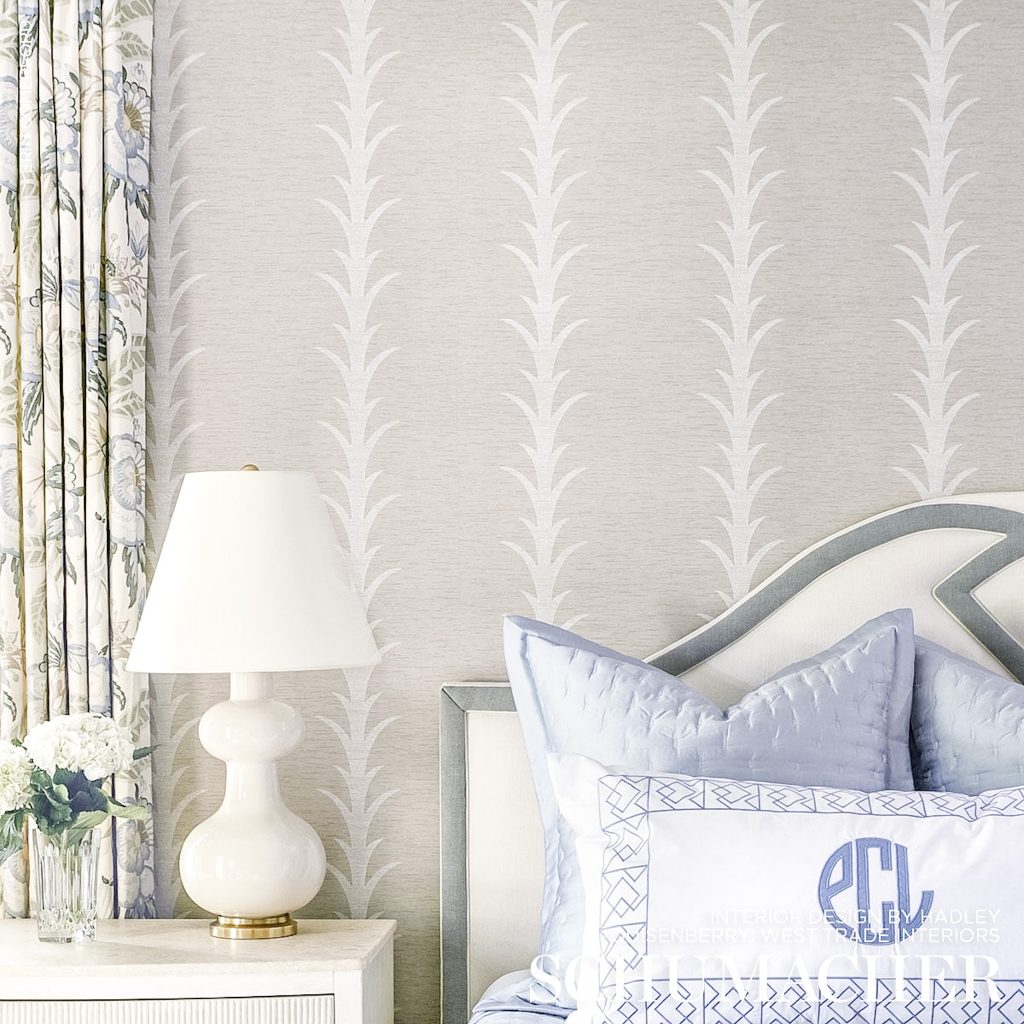 Schumacher acanthus stripe wallpaper inspo bed