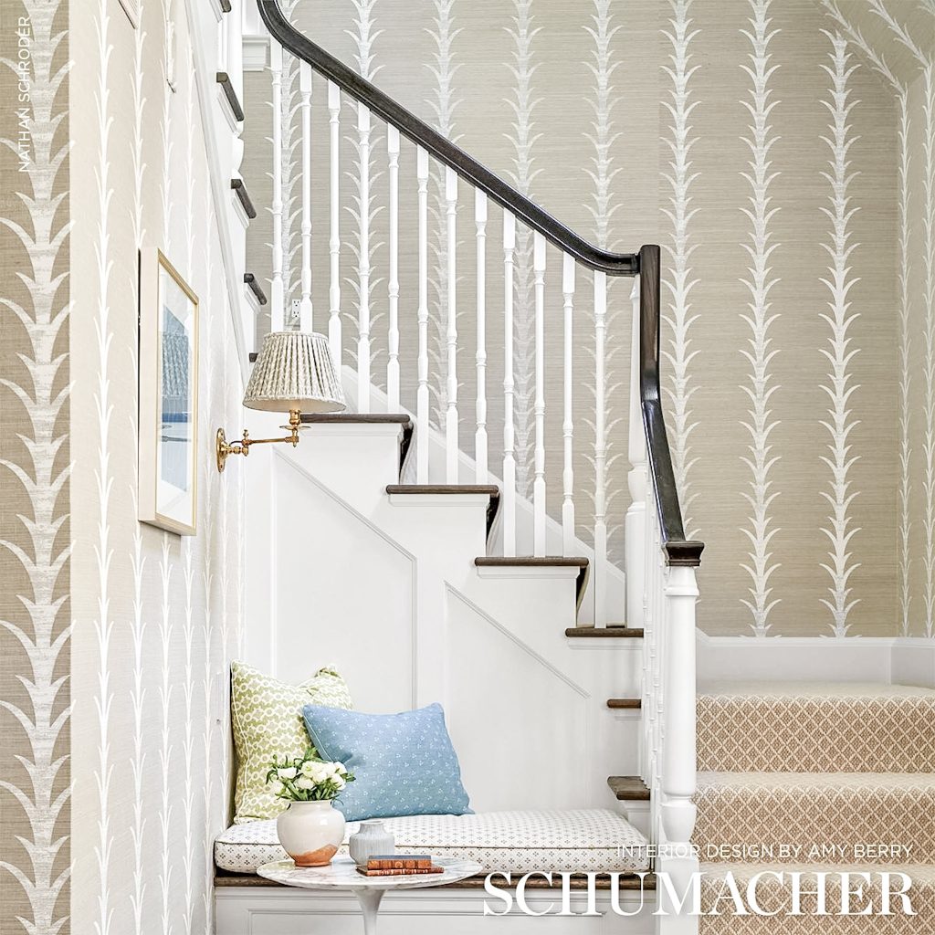 Schumacher acanthus stripe wallpaper inspo stairs