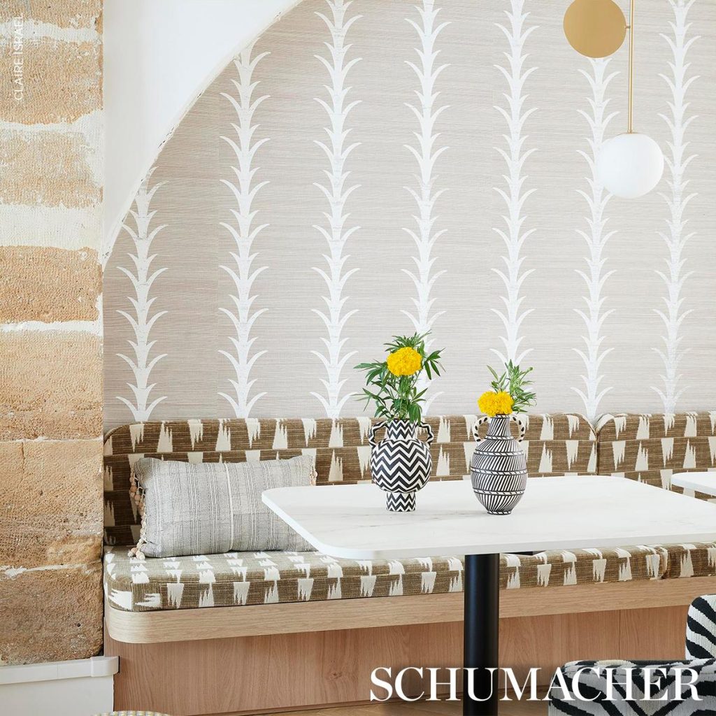 Schumacher acanthus stripe wallpaper inspo dining table