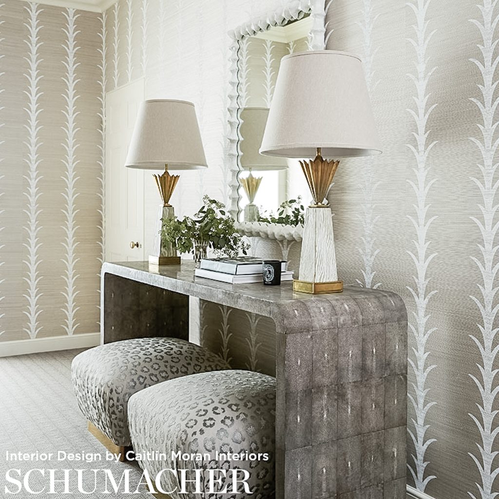 Schumacher acanthus stripe wallpaper inspo console
