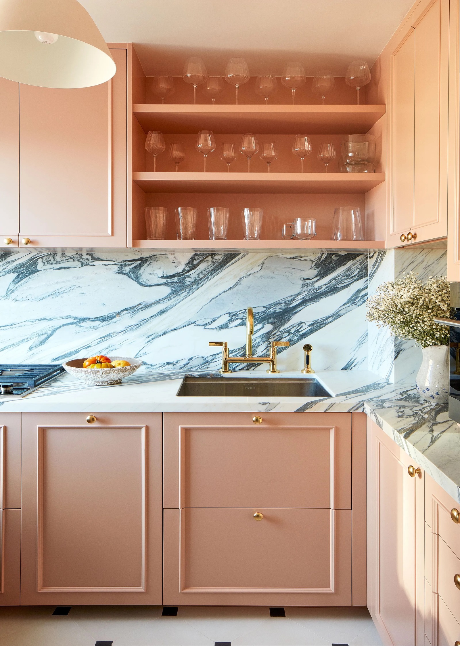 Maude apatow pink kitchen marble nyc apartment get the look