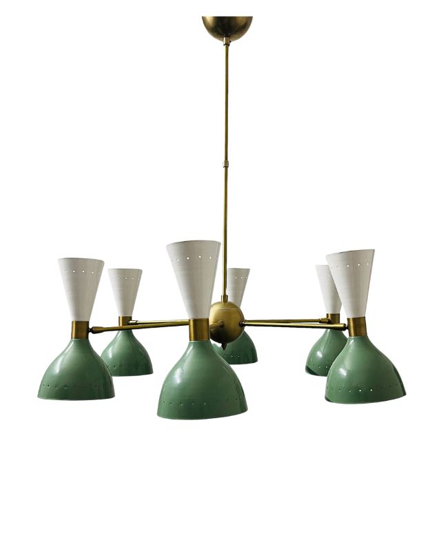 Green and brass mid century stilnovo style sputnik emma roberts home bathroom powder room chandelier