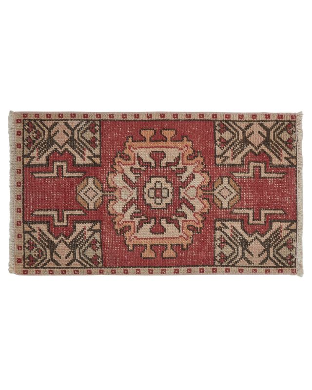 Red vintage turkish hand-knotted wool mini rug emma roberts home bathroom powder room